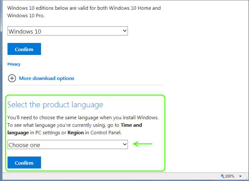 Windows 10 ISO language selection